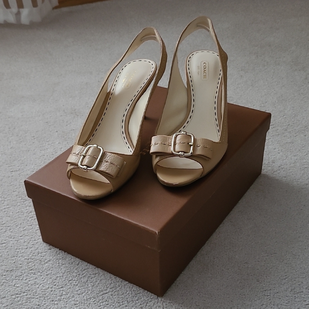 Coach Beige Buckle Slingback Heels